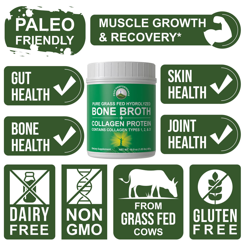 Peak Performance Hydrolyzed Bone Broth and Collagen Unflavored Protein Peptides Powder Contains All Collagen Types: 1, 2, and 3. Pure Pasture, Raised Grass Fed, Paleo Friendly, Gluten + Dairy Free Peak Performance Au supplements
