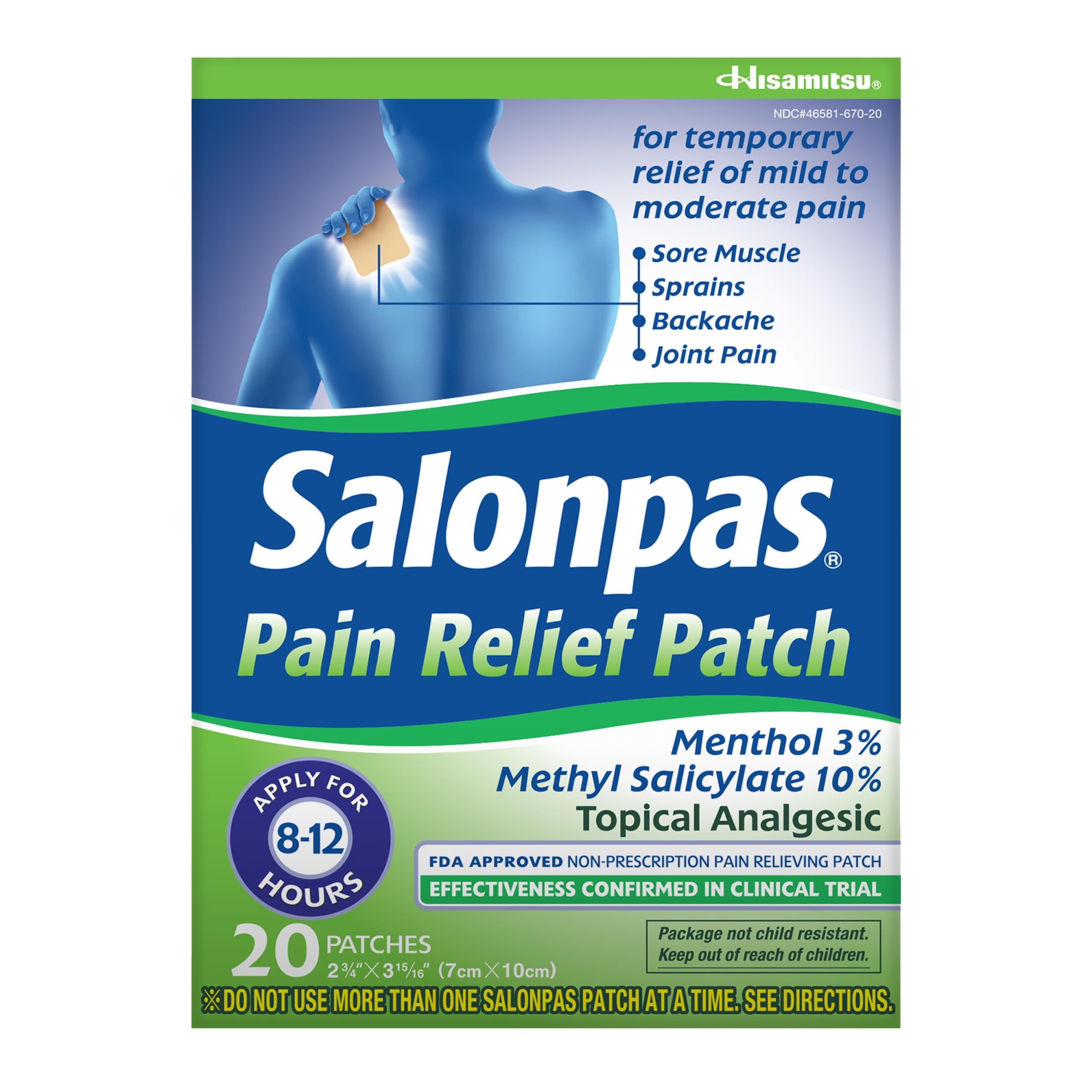 Salonpas Pain Relief Patch, 20 Count (Pack of 1), Up to 12 Hours Temporary Relief of Mild to Moderate Pain, Backache, Sore Muscle, Sprains, Bruises Salonpas Au supplements