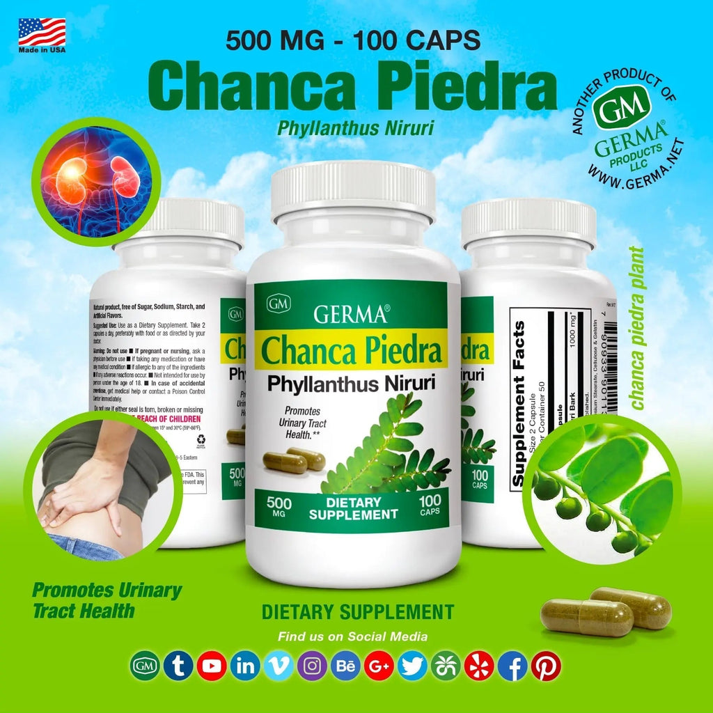 Germa Chanca Piedra Supplement – 500mg Phyllanthus Niruri – Traditional Stone Breaker Herb for Urinary & Kidney Support – Rainforest Botanical – 100% Natural Vegan Capsules, 100 Count Germa Au supplements