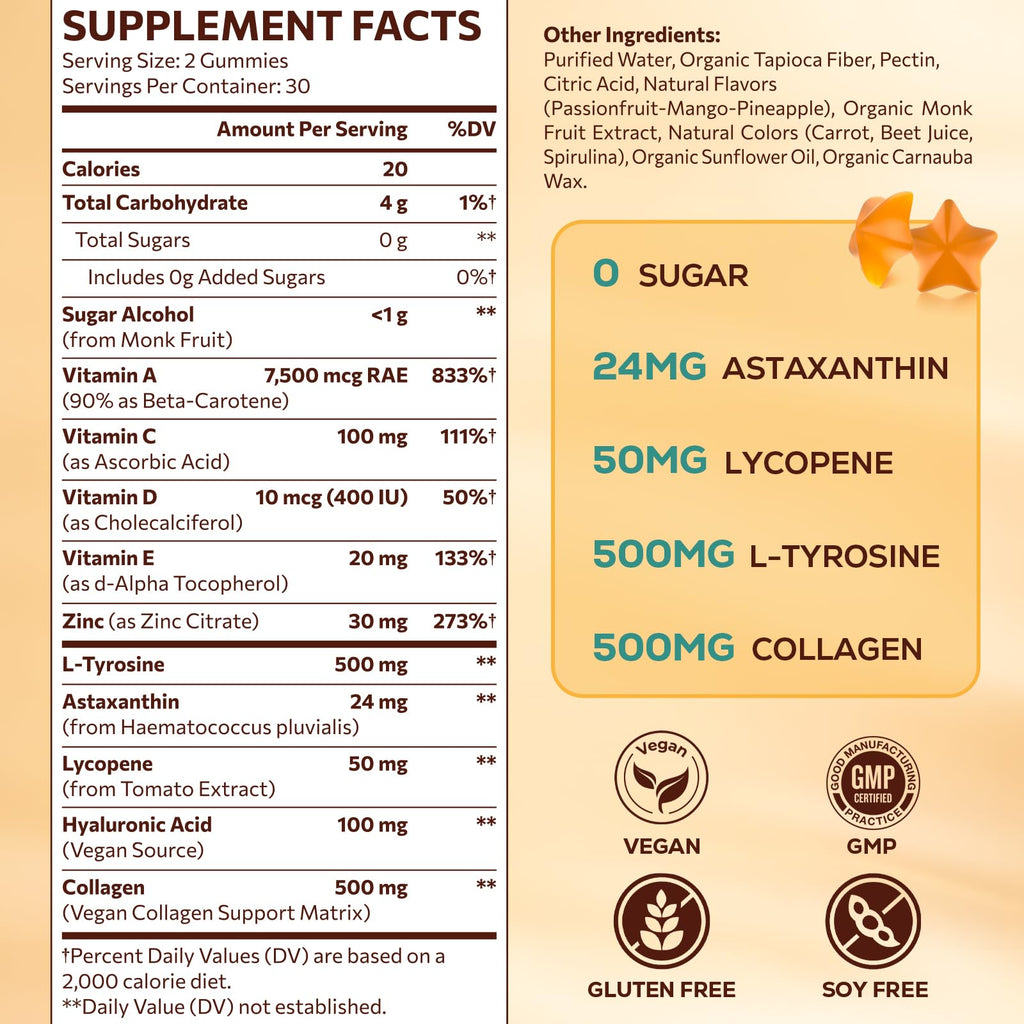 Tanning Gummies with Astaxanthin for Women and Men | Sunless Tanning Supplement with Beta Carotene, Lycopene, Collagen & Vitamins | Skin Radiance & Hydration | Vegan & Sugar Free - 60 Count