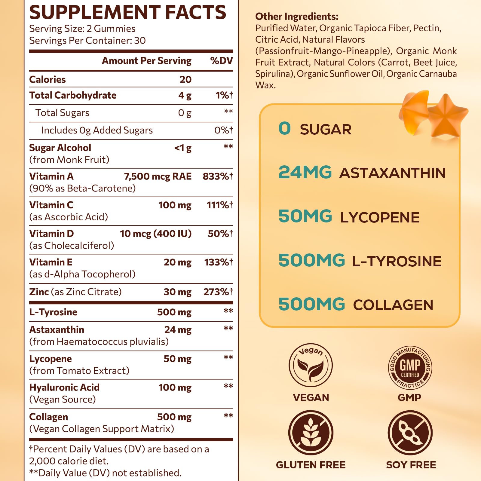 Tanning Gummies with Astaxanthin for Women and Men | Sunless Tanning Supplement with Beta Carotene, Lycopene, Collagen & Vitamins | Skin Radiance & Hydration | Vegan & Sugar Free - 60 Count