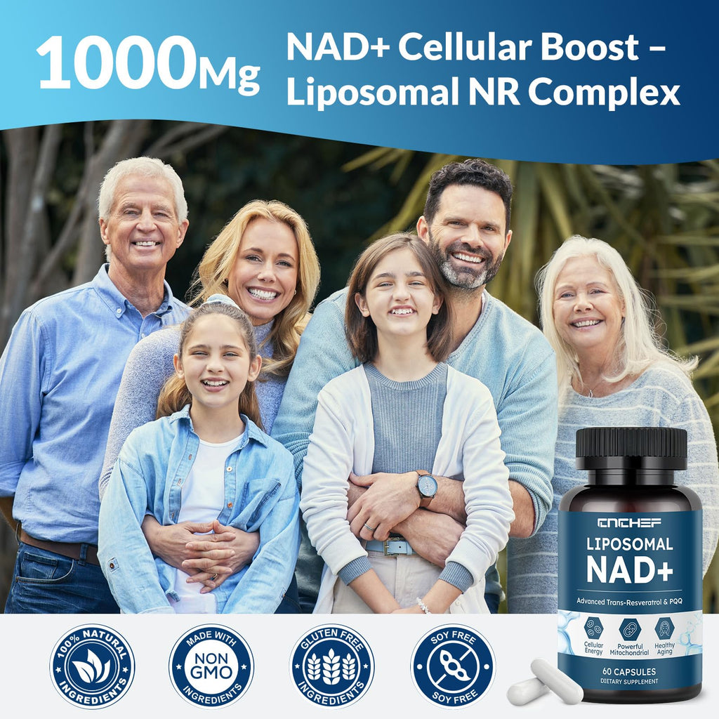 CNCHEF Liposomal NAD Supplement -1000mg, NAD Resveratrol Supplement for Women & Men with Nicotinamide Riboside, Resveratrol, PQQ & TMG, NAD Plus Boosts NAD+ Levels, Anti-Aging & Brain, 60 Capsules CNCHEF Au supplements