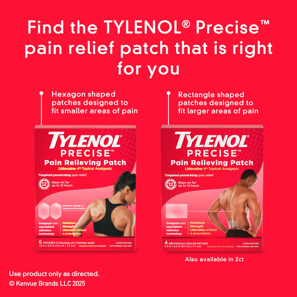 Tylenol Precise Pain Relieving Patches, Topical Analgesic Patches + Maximum OTC Strength Lidocaine Penetrates, Targeted Relief Ideal for Shoulder, Back & Knee Pain, Unscented, 3 x 2 ct Tylenol Au supplements