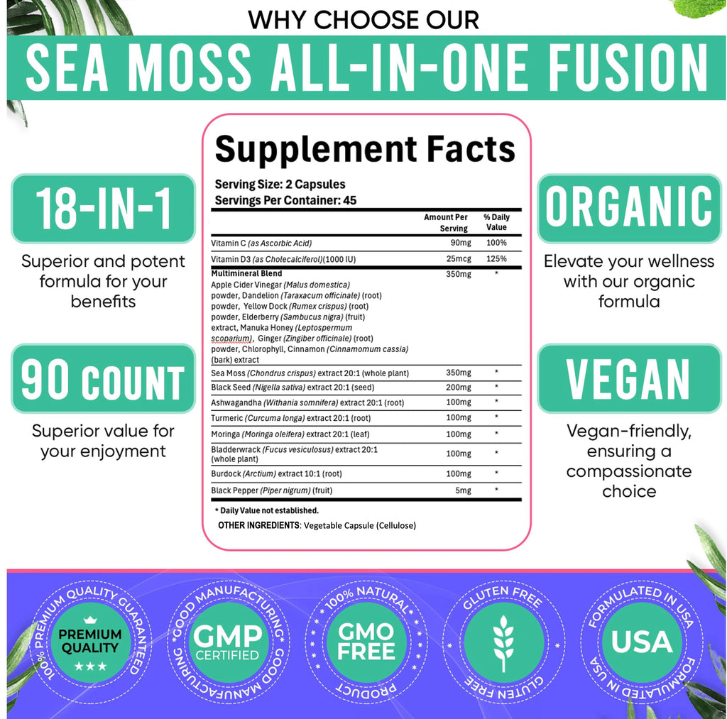 Adndale Sea Moss Capsules - Sea Moss Blend with Ashwagandha, Turmeric- 90 Count