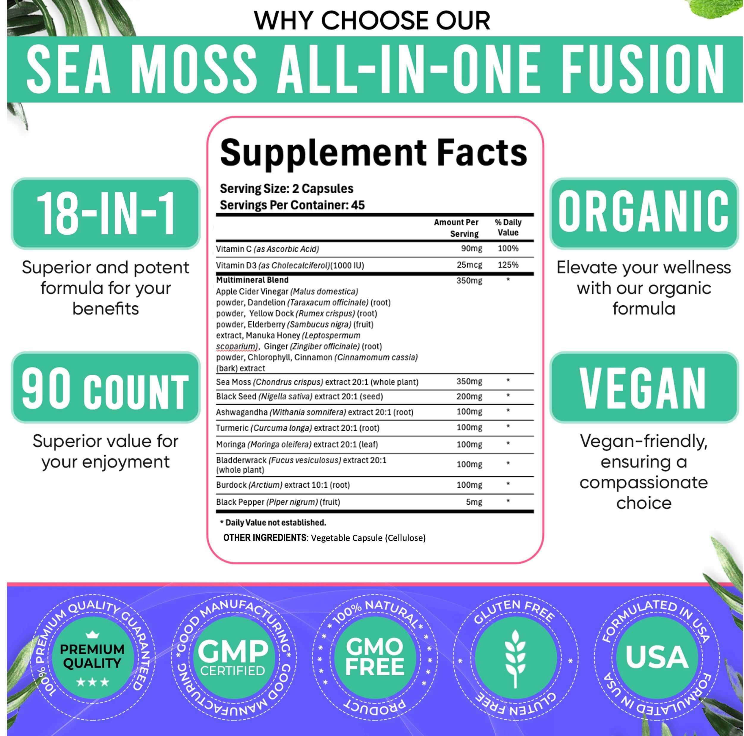 Adndale Sea Moss Capsules - Sea Moss Blend with Ashwagandha, Turmeric- 90 Count