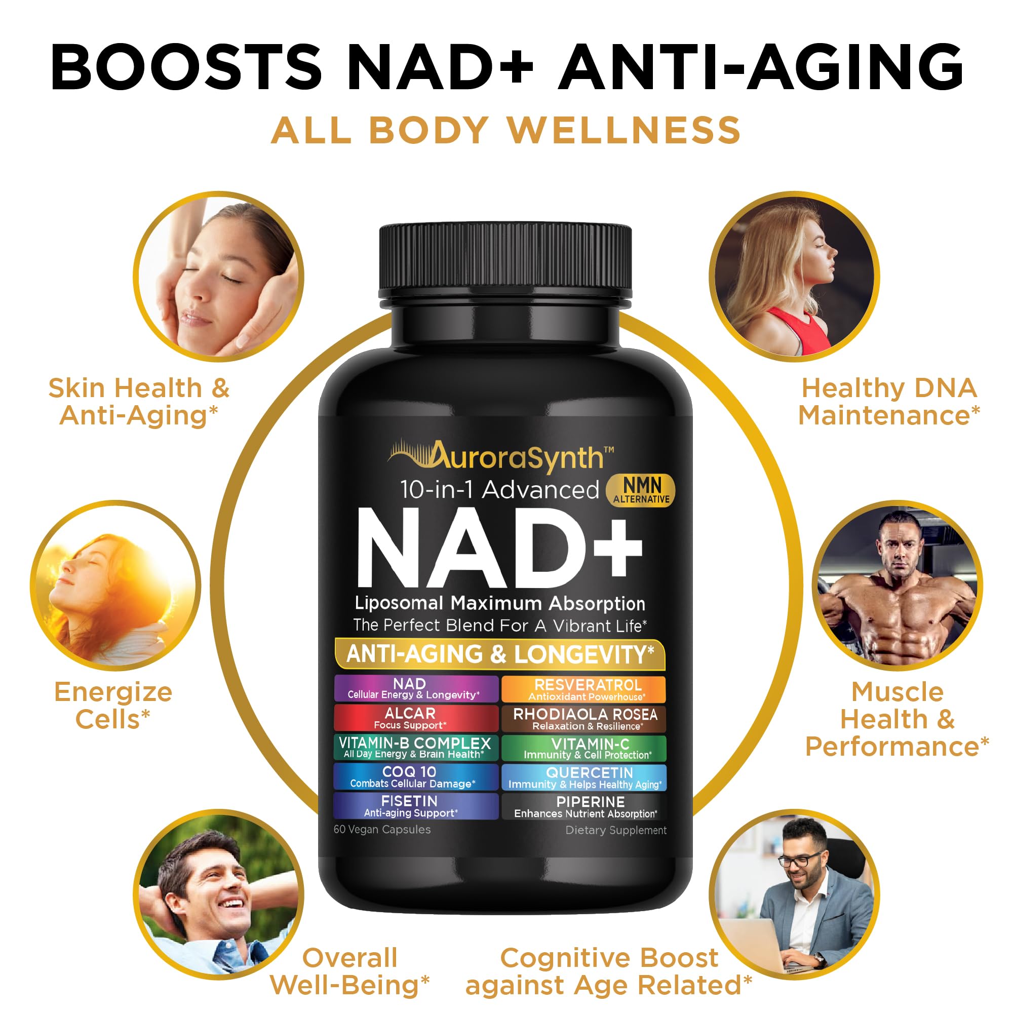 NAD+ Supplement Liposomal Capsules - Max Absorption for Cellular Energy, Healthy Aging, Brain Function & DNA Health - Vegan, Non-GMO, Gluten-Free Supplement - 60 Capsules - Supports NAD Levels AuroraSynth Au supplements