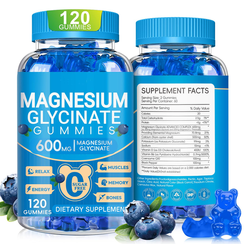 Magnesium Glycinate Gummies 600mg, Chewable Sugar Free Potassium Magnesium Gummies with Manganese Glycinate, Vitamin D, B6, and CoQ10 for Calm Suppor