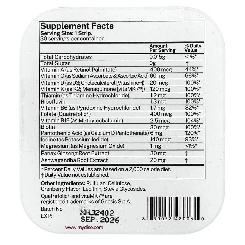 DISO - M-VIT - Fast-Dissolving Multivitamin Oral Strips, Cranberry Flavor, Vegan, Sugar Free, Gluten Free, Individually Wrapped DISO Au supplements