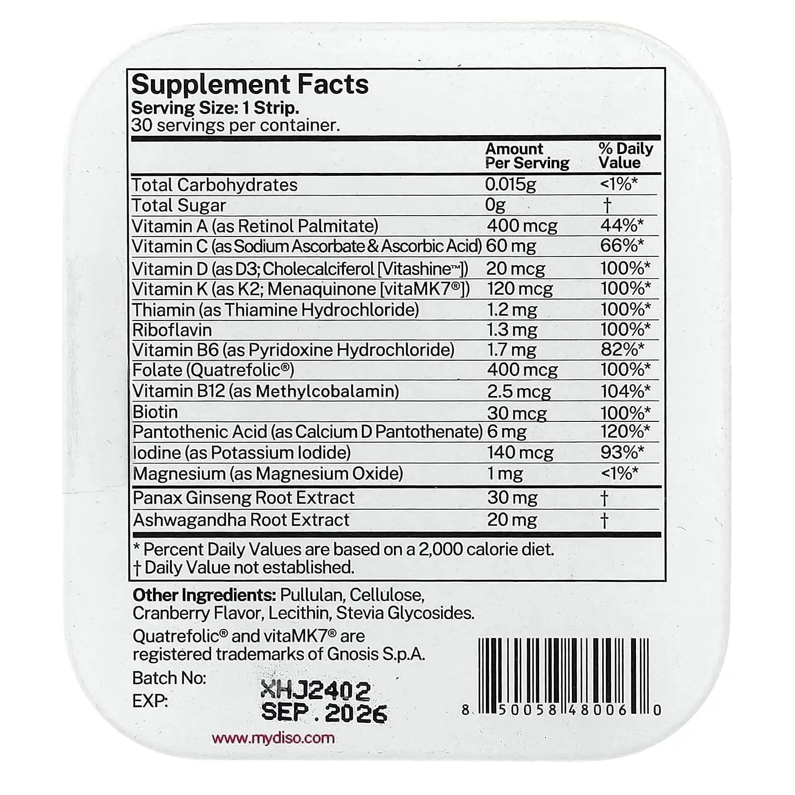 DISO - M-VIT - Fast-Dissolving Multivitamin Oral Strips, Cranberry Flavor, Vegan, Sugar Free, Gluten Free, Individually Wrapped DISO Au supplements