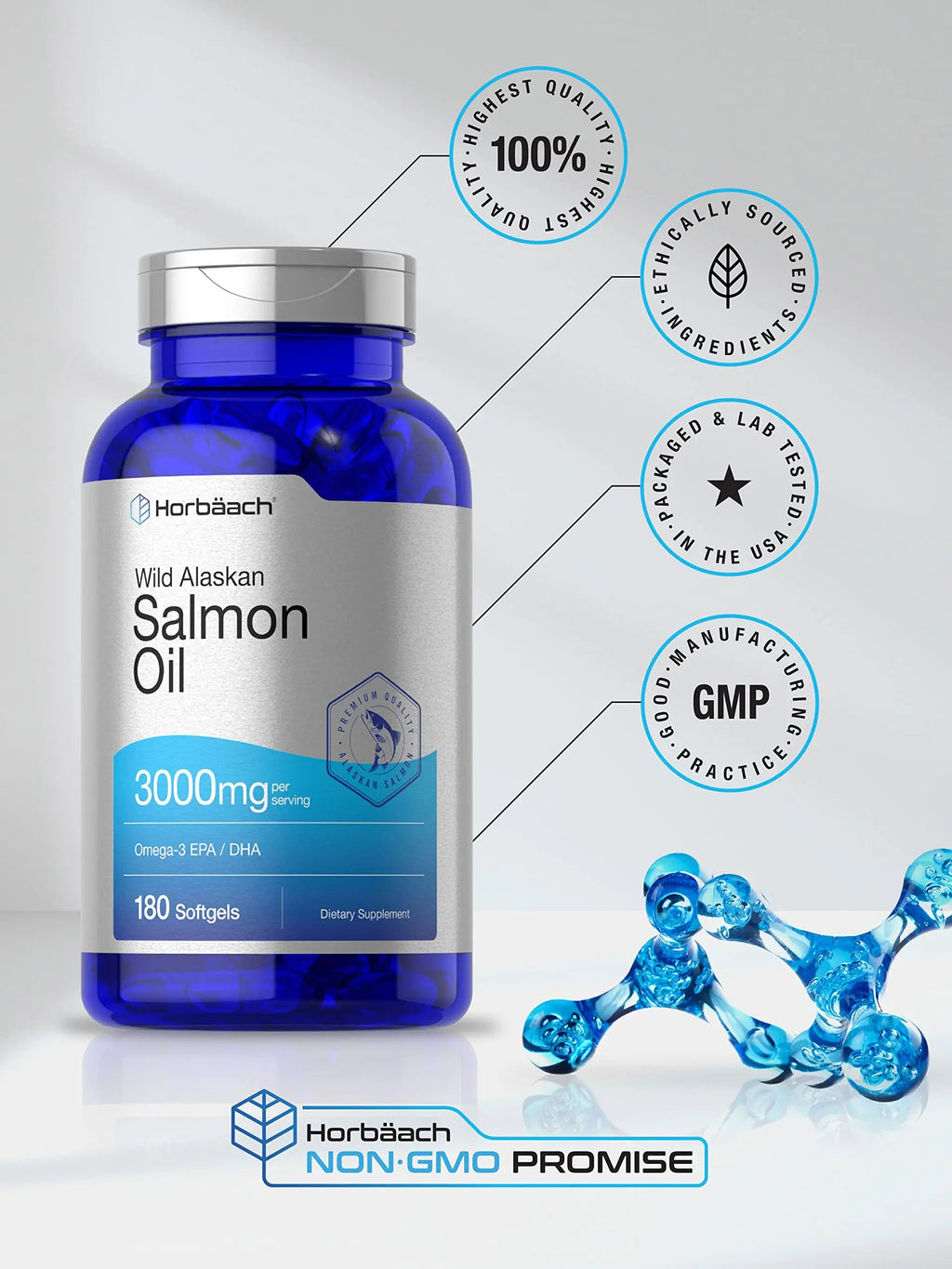 Wild Alaskan Salmon Fish Oil | 180 Softgel Capsules | Gluten Free, Non-GMO | High Potency Horbäach Au supplements