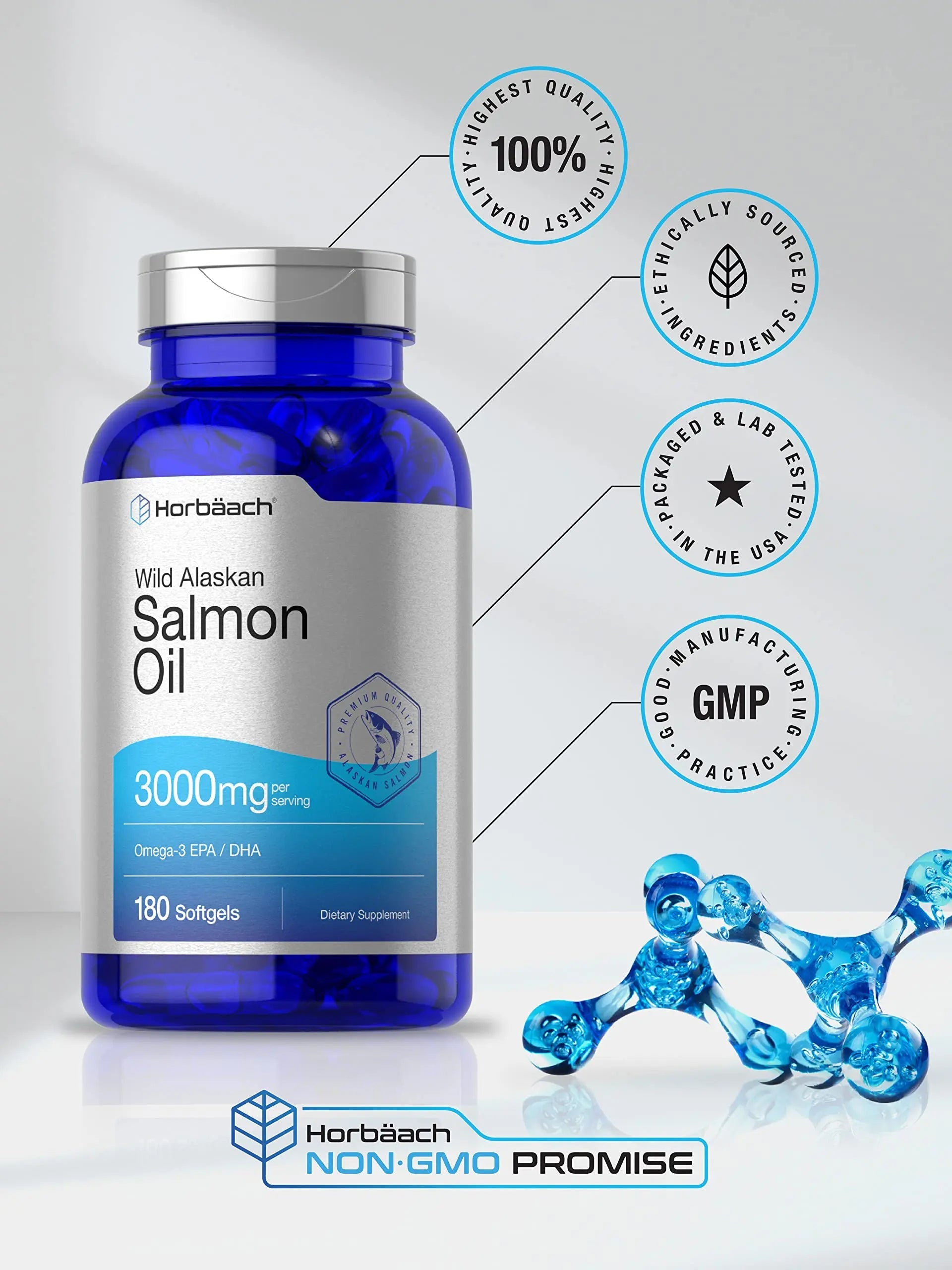 Wild Alaskan Salmon Fish Oil | 180 Softgel Capsules | Gluten Free, Non-GMO | High Potency Horbäach Au supplements