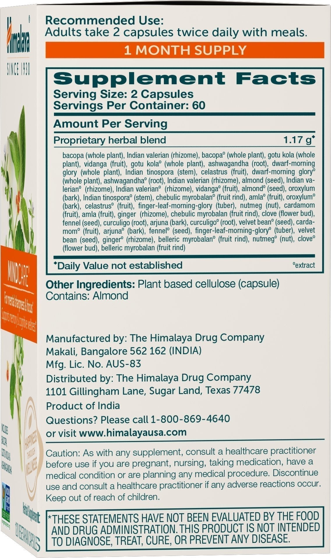 Himalaya MindCare, Nootropic Brain Supplement Booster for Mental Sharpness, Focus, Memory, and Cognitive Wellness, 1170 mg, 120 Capsules, 1 Month Supply Himalaya Au supplements