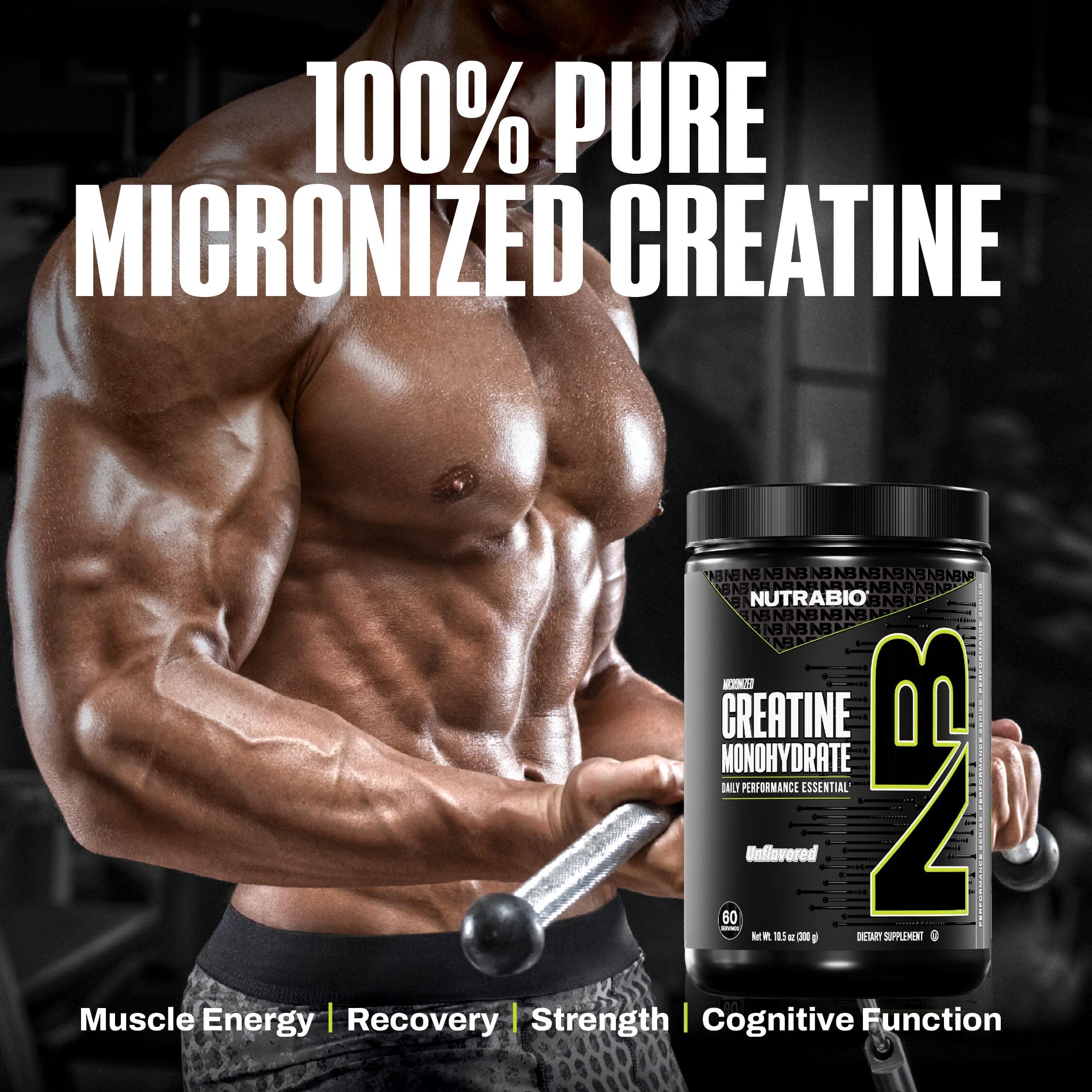 NutraBio Pure Micronized Creatine Monohydrate Powder Supplement, Unflavored, (300 g) - Supports Bulk Muscle Energy, Recovery, and Strength - HPLC Tested Creatine