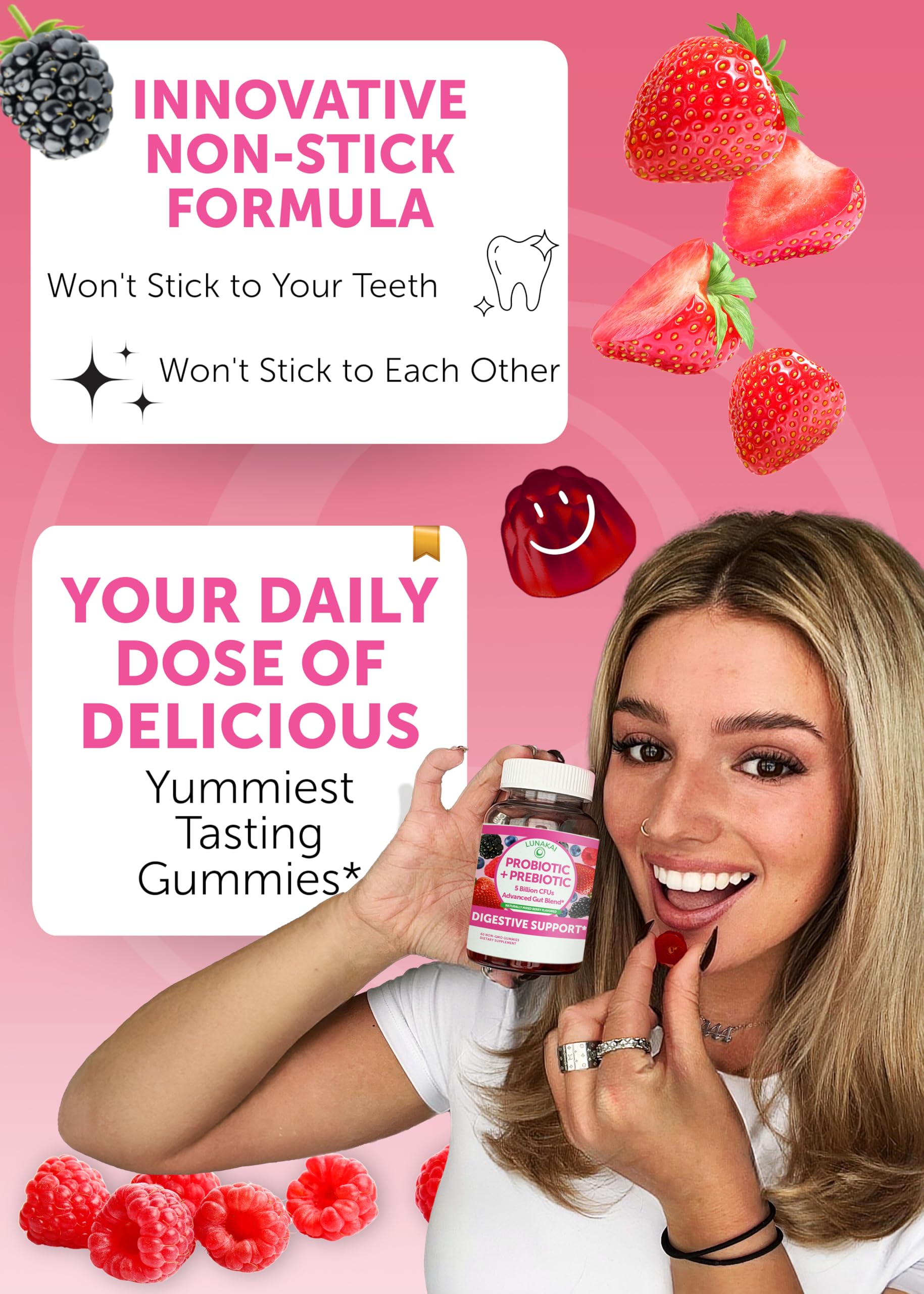 Lunakai USA Made Prebiotic + Probiotic Gummies for Women and Men - High Potency 5 Billion CFUs with Fibers - Non-GMO Gut Health Support - 3 Pack