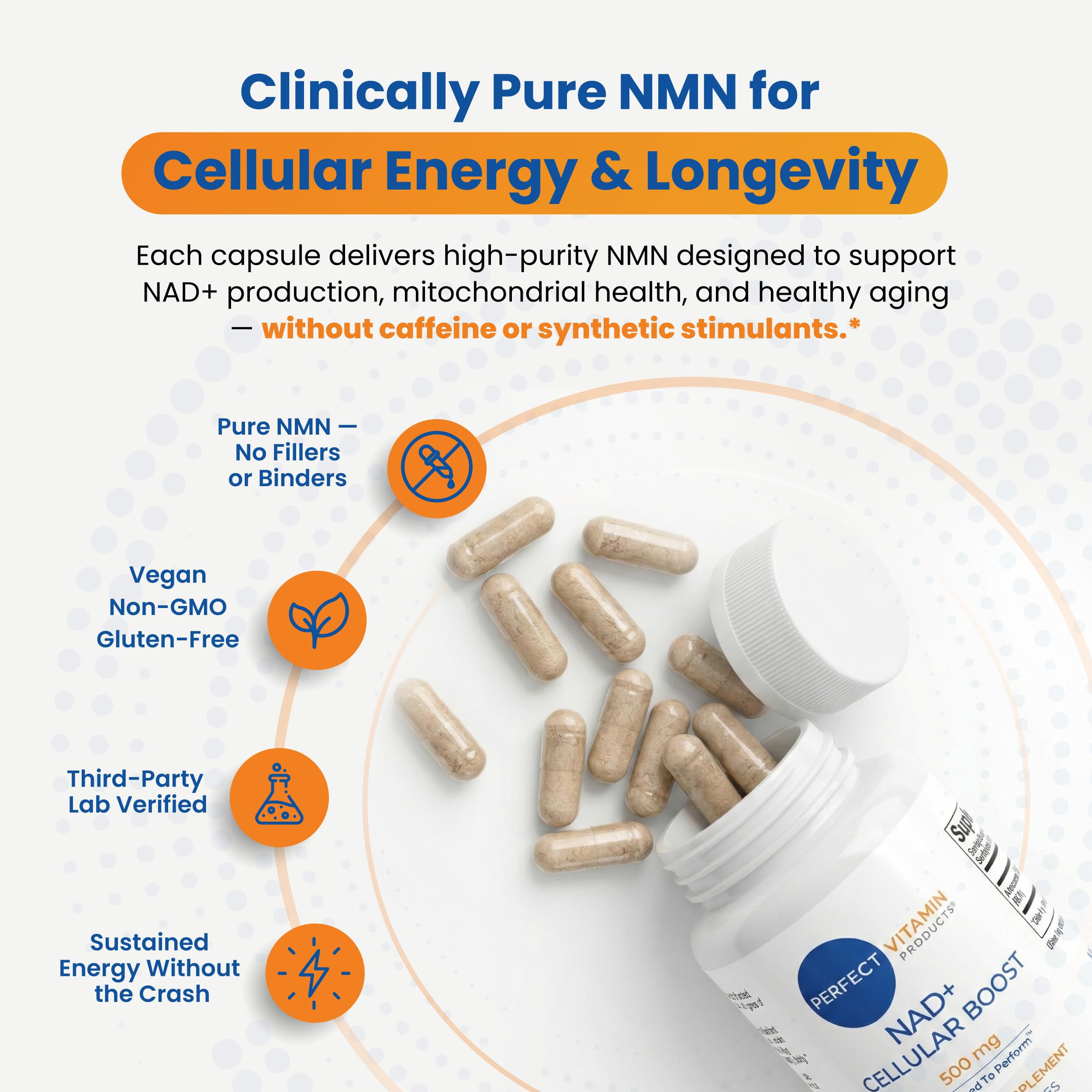 Perfect Vitamin Products NAD+ Cellular Boost – 500mg NMN Supplement for NAD+ Support, Cellular Energy, Brain Clarity & Anti-Aging – Longevity & Recovery Support – 90 Vegan Capsules (30 Servings) Perfect Vitamin Products Au supplements