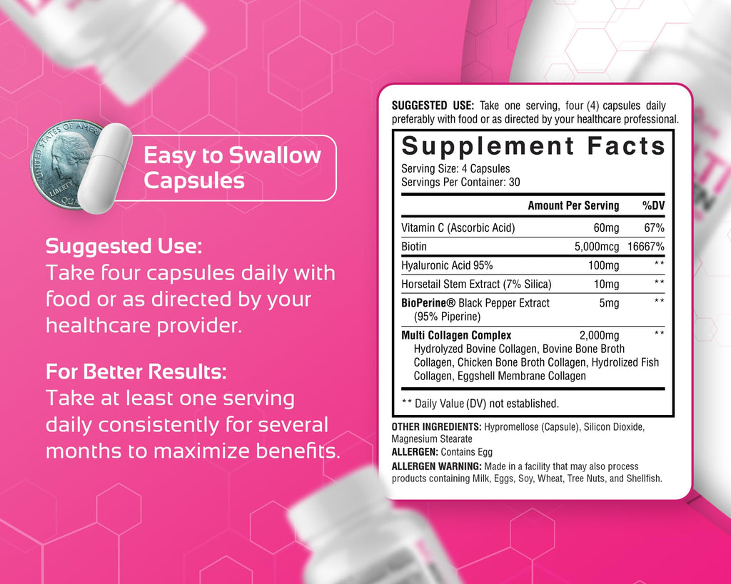 CogniTune Multi Collagen Peptides for Women with Biotin, Hyaluronic Acid, Vitamin C - 5 Types I II III V X Colageno Hidrolizado - 2000mg Hair Skin Nails Joints Support - 120 Capsules CogniTune Au supplements