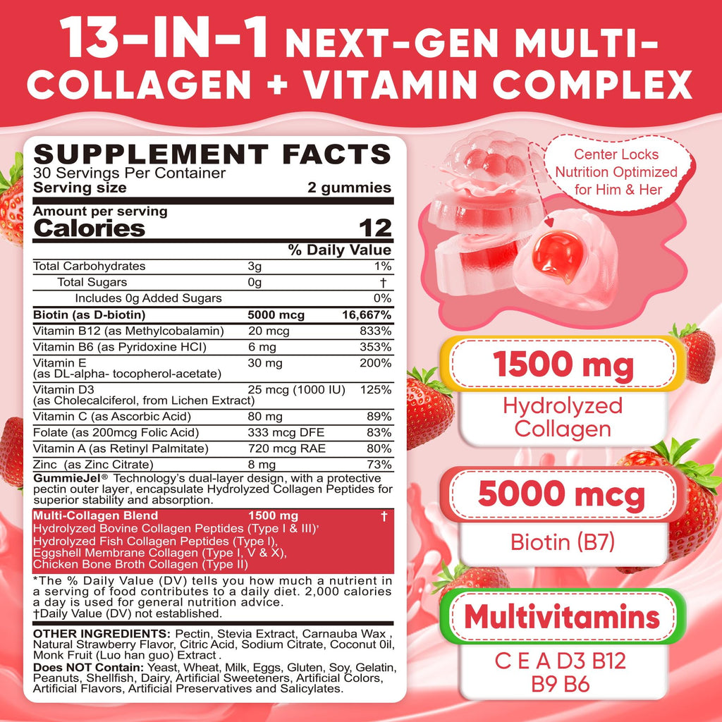 Collagen Peptide Gummies for Women & Men Sugar-Free, Multi Collagen Hydrolyzed w/ 1500mg Protein Type I,II,III,V,X, 5000mcg Biotin, Methylated B12, Vitamin C A E D3 B6
