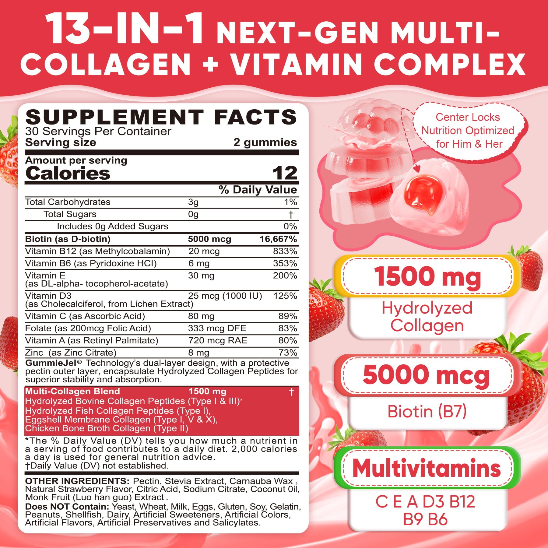 Collagen Peptide Gummies for Women & Men Sugar-Free, Multi Collagen Hydrolyzed w/ 1500mg Protein Type I,II,III,V,X, 5000mcg Biotin, Methylated B12, Vitamin C A E D3 B6