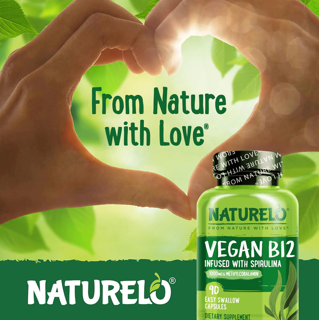 NATURELO Vegan B12 - Methyl B12 with Organic Spirulina - High Potency Vitamin B12 1000 mcg Methylcobalamin - Supports Healthy Mood