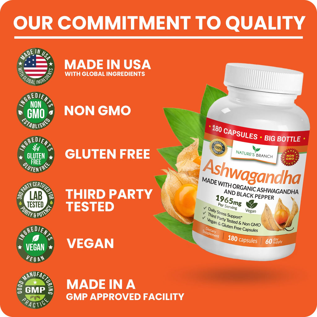 UDAF Certified Organic Ashwagandha with Black Pepper, 1965mg - Extra Strength for Stress, Sleep, Mood, Thyroid, Energy, Hair, Vegan Pure Root Extract Powder Supplement for Men and Women | 180 Capsules NATURE'S BRANCH Au supplements