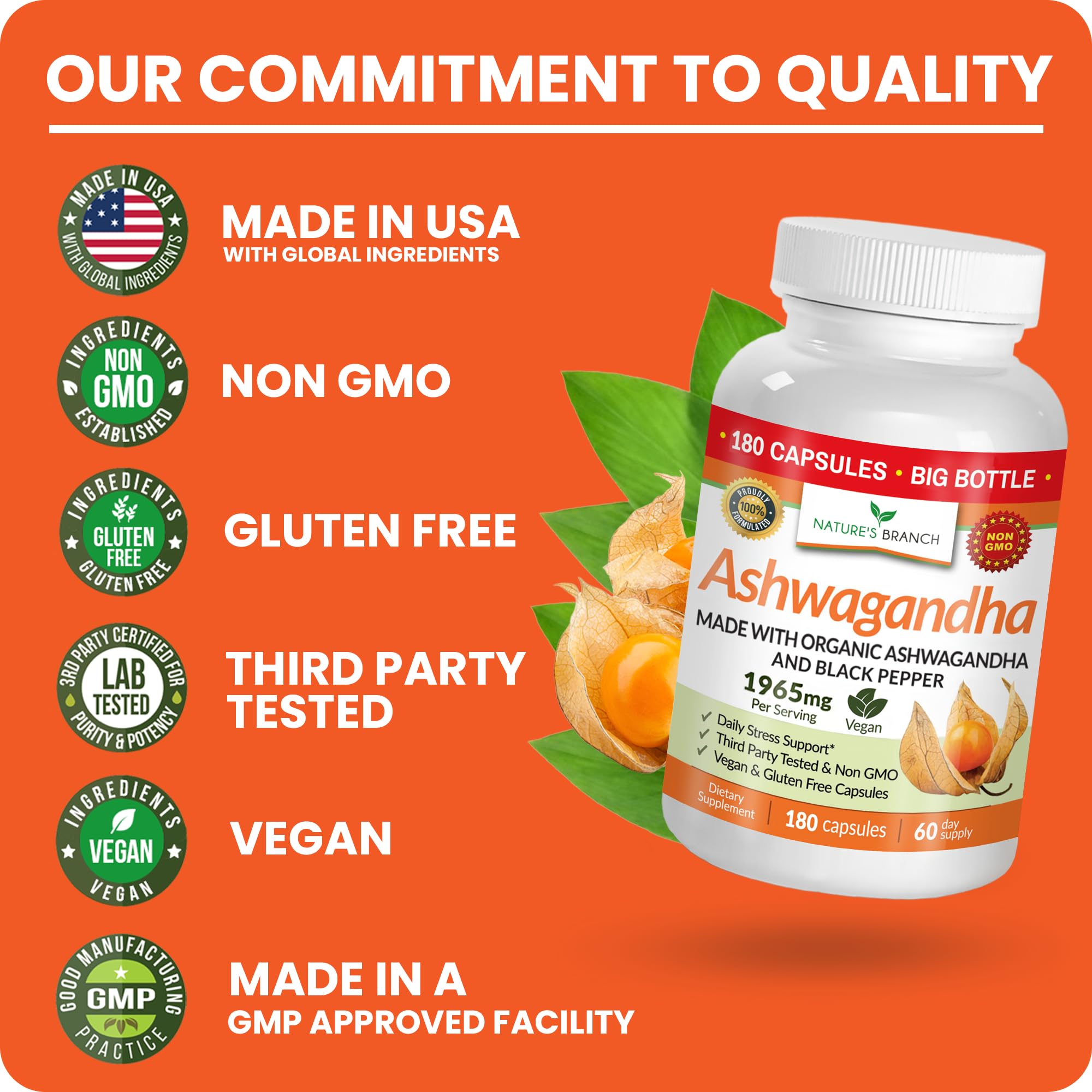 UDAF Certified Organic Ashwagandha with Black Pepper, 1965mg - Extra Strength for Stress, Sleep, Mood, Thyroid, Energy, Hair, Vegan Pure Root Extract Powder Supplement for Men and Women | 180 Capsules NATURE'S BRANCH Au supplements