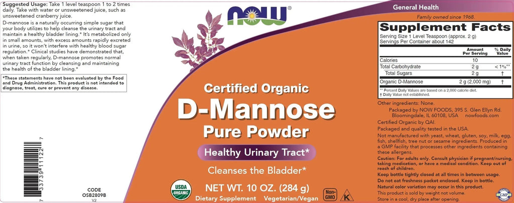 NOW Foods Pure, Organic D-Mannose 10 oz Powder (Pack of 2) - Bladder Cleanse and Urinary Tract Health Supplement - Non-GMO - Vegan Friendly - 2000mg / 2 Grams per Serving NOW Foods Au supplements