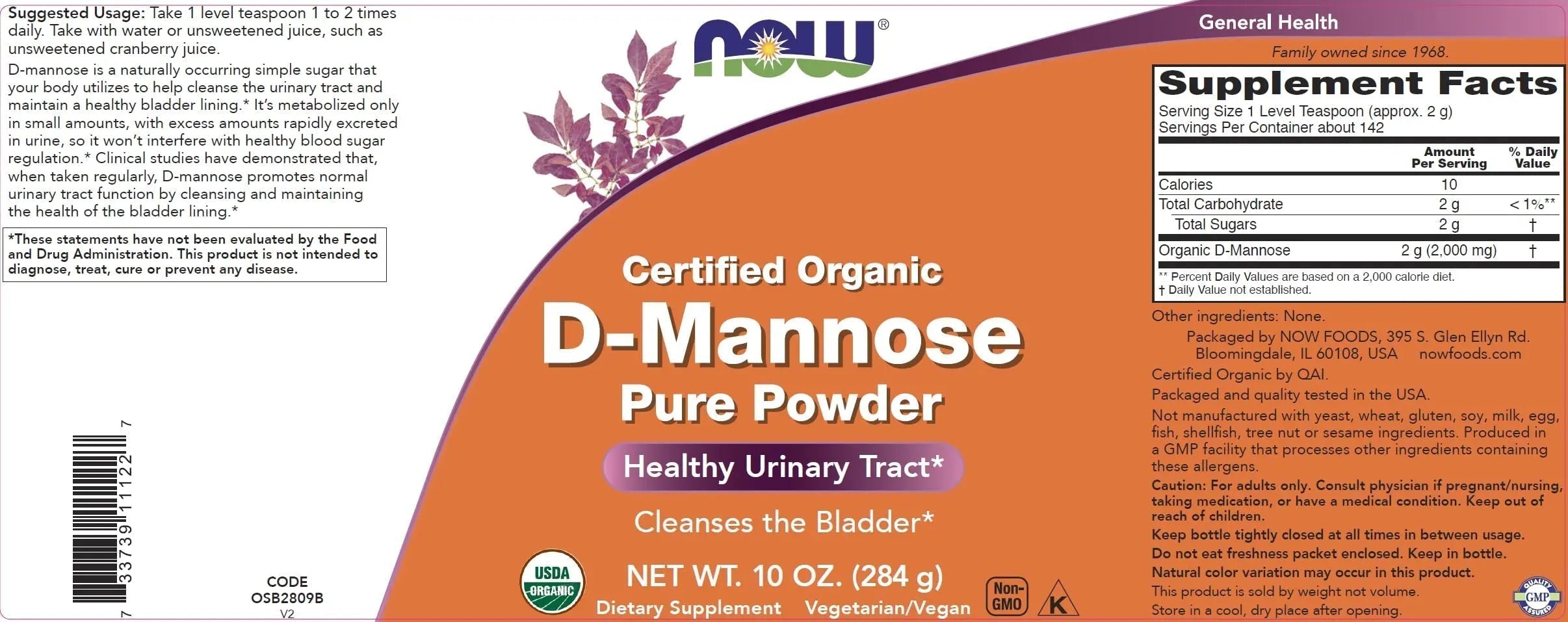 NOW Foods Pure, Organic D-Mannose 10 oz Powder (Pack of 2) - Bladder Cleanse and Urinary Tract Health Supplement - Non-GMO - Vegan Friendly - 2000mg / 2 Grams per Serving NOW Foods Au supplements