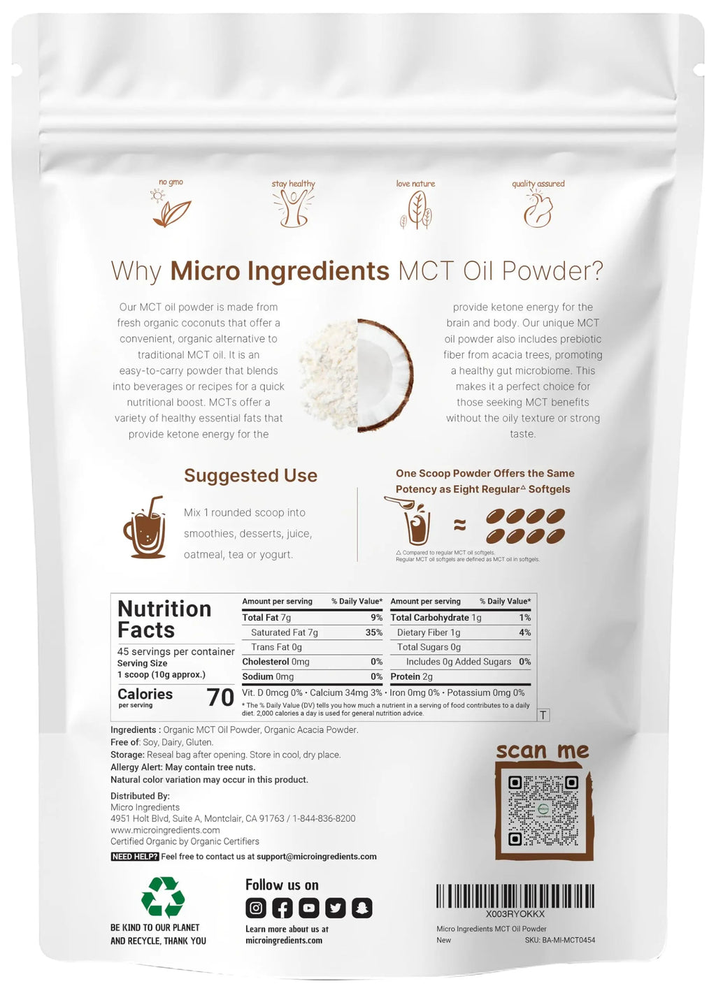 Organic MCT Oil Powder with Prebiotic Fiber,1 Pound(16 Ounce), Fast Fuel for Body and Brain Micro Ingredients Au supplements