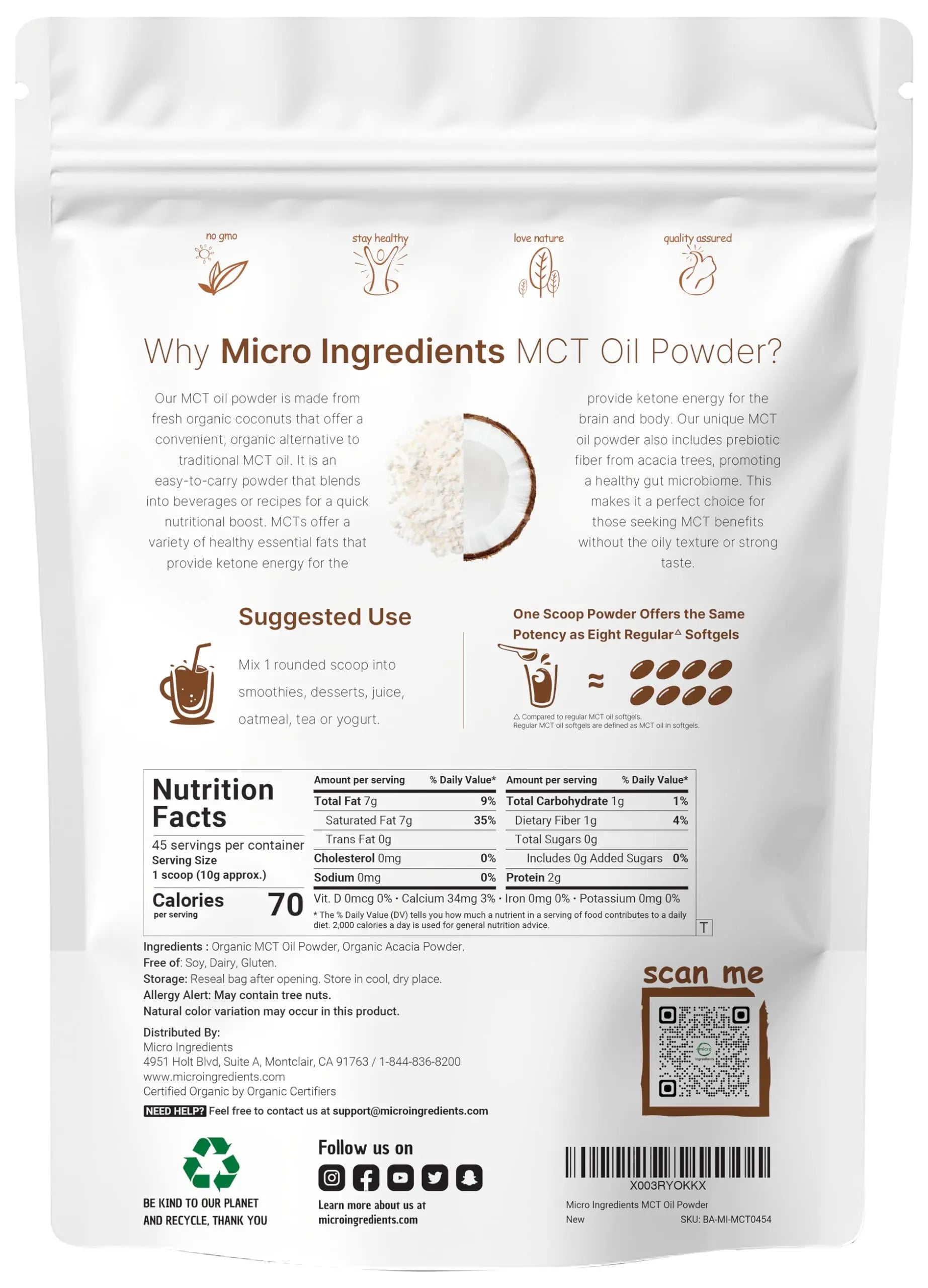 Organic MCT Oil Powder with Prebiotic Fiber,1 Pound(16 Ounce), Fast Fuel for Body and Brain Micro Ingredients Au supplements