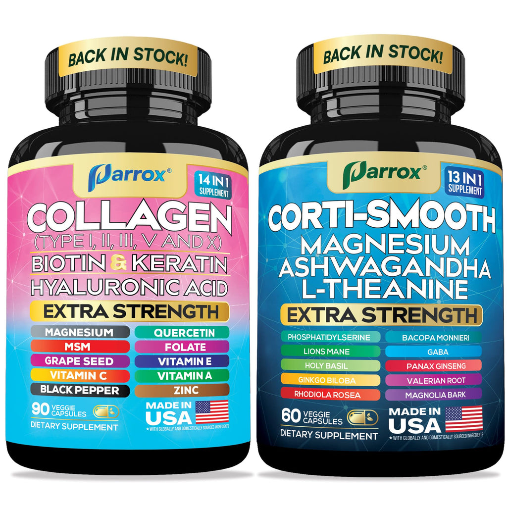 Parrox Shining Serenity Set, Cortisol Support with Ashwagandha, L-Theanine, Magnesium, Lions Mane, GABA, Bacopa Monnieri, Collagen I, II, III, V, X, Folate, Biotin, Keratin, Hyaluronic Acid, Quercetin Parrox Au supplements
