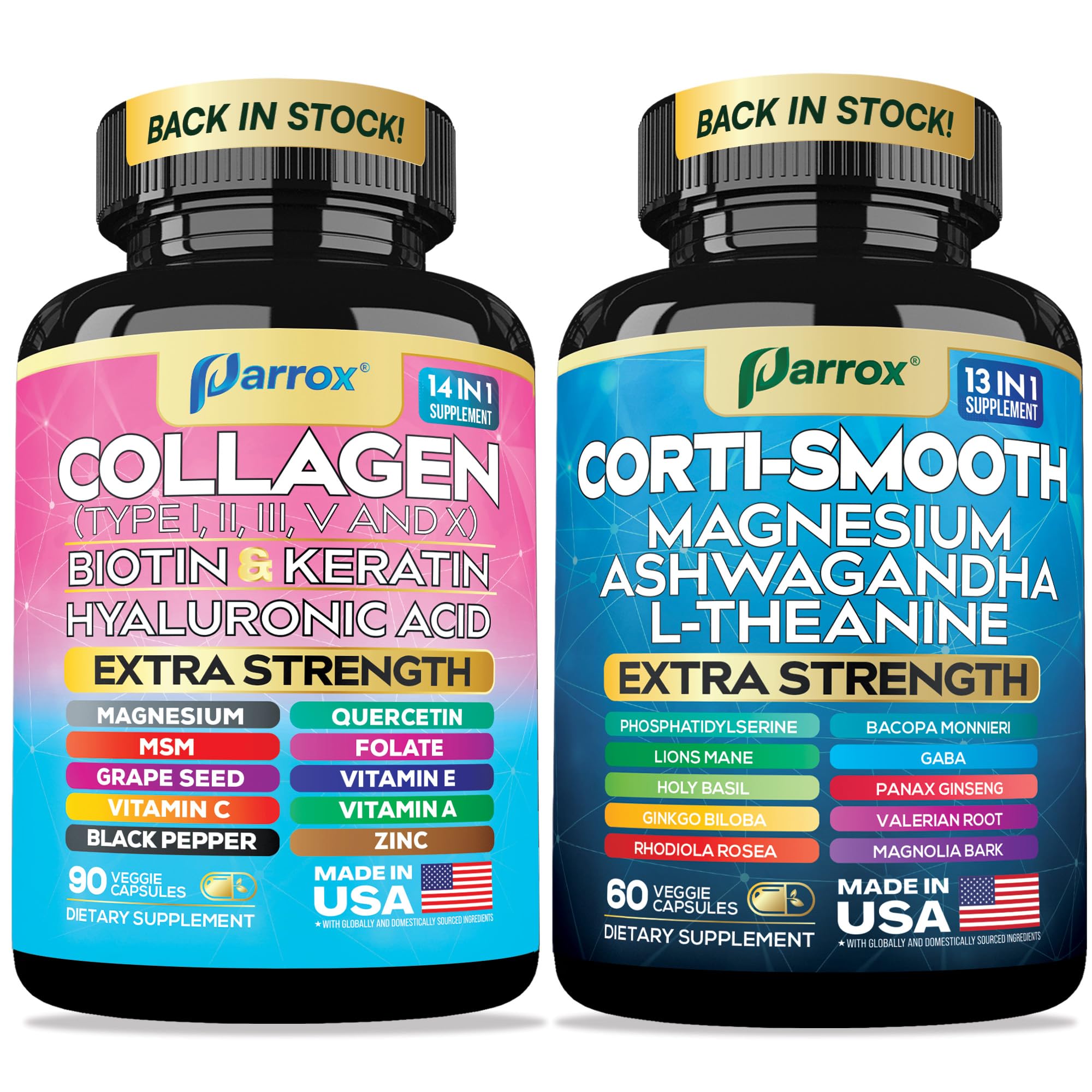 Parrox Shining Serenity Set, Cortisol Support with Ashwagandha, L-Theanine, Magnesium, Lions Mane, GABA, Bacopa Monnieri, Collagen I, II, III, V, X, Folate, Biotin, Keratin, Hyaluronic Acid, Quercetin Parrox Au supplements