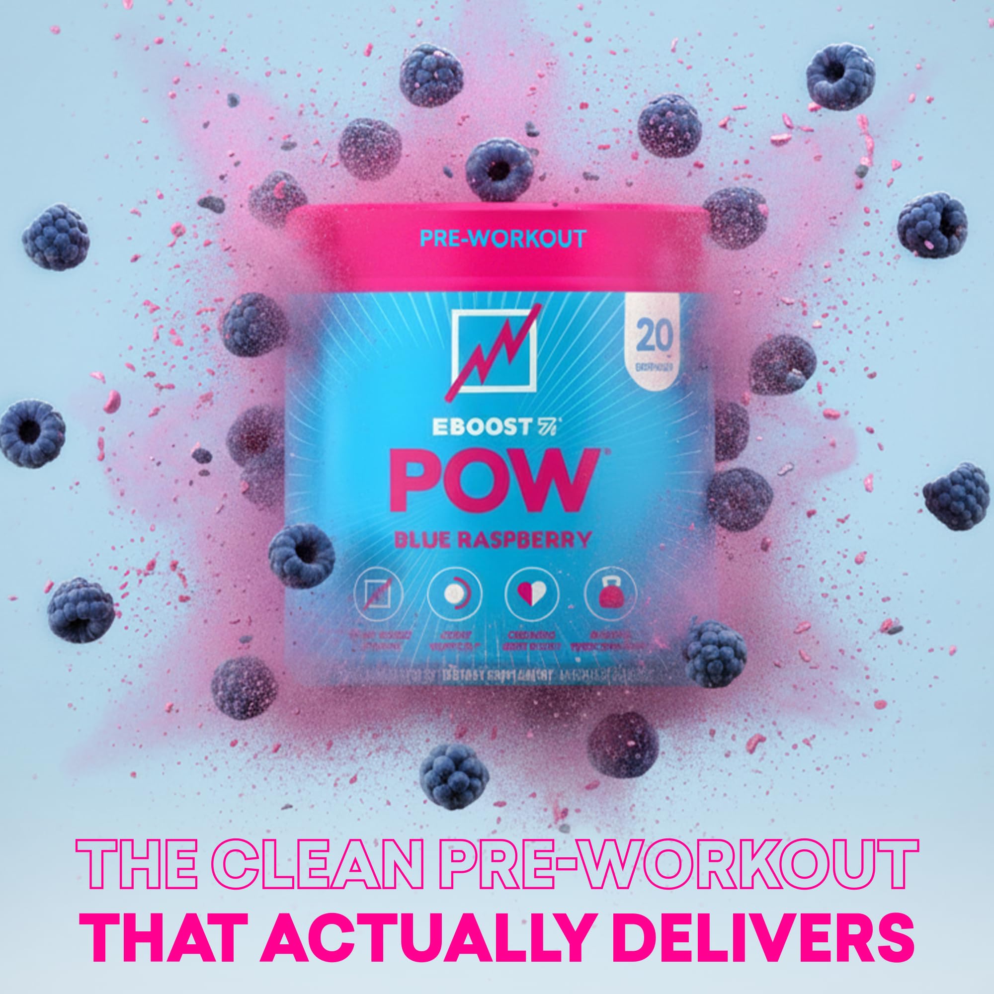 EBOOST POW Natural Pre Workout Powder – 20 Servings - Blue Raspberry - A PreWorkout Supplement for Performance, Joint Mobility Support, Energy - Men and Women
