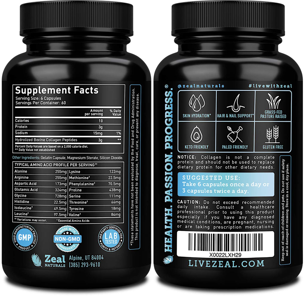 Zeal Naturals Collagen Peptides Collagen Pills (360 Capsules) Grass Fed Collagen Pepetide Powder - Hydrolyzed Collagen Powder for JointTendon SupplementHair Skin and Nails - Zeal Naturals Au supplements