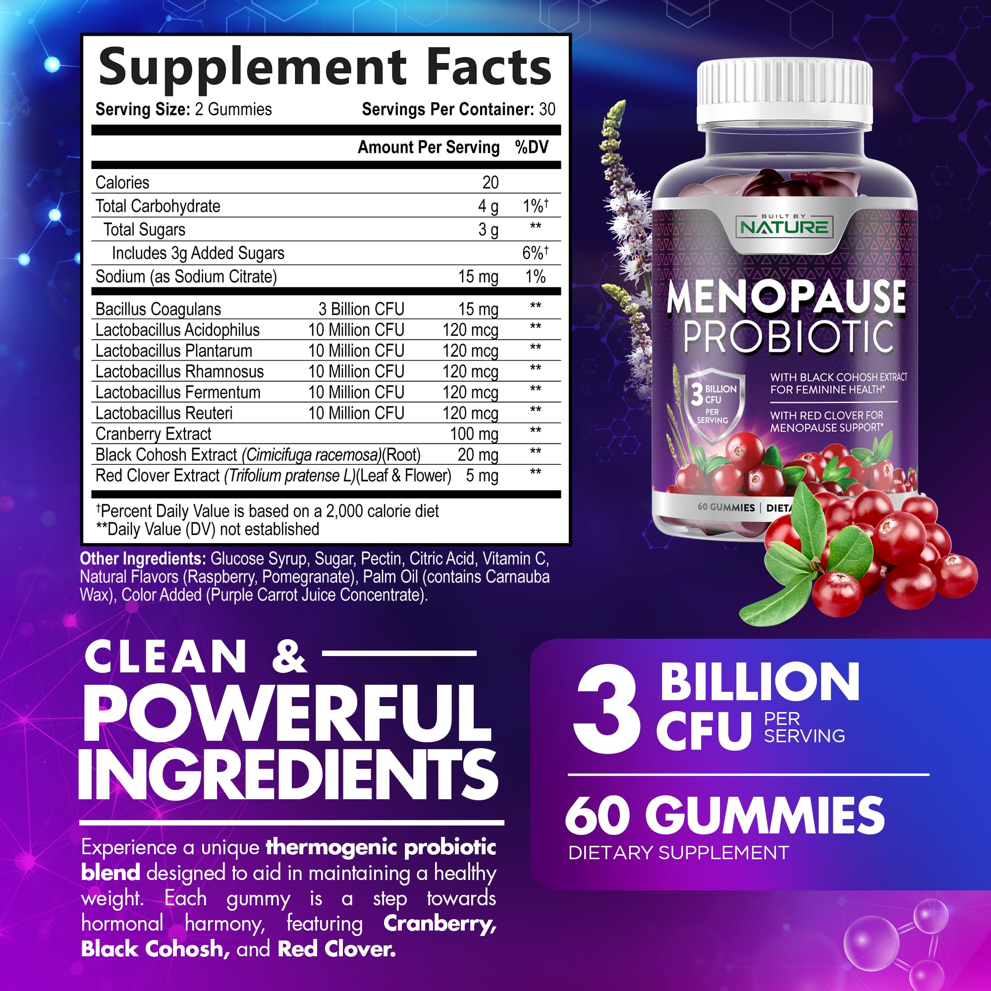 Menopause Supplements for Women - Menopause Probiotic Gummy - Women’s Menopause Relief for Hot Flashes, Night Sweats & Mood Swings with Black Cohosh & Cranberry - Non-GMO, Vegan - 60 Gummies Built by Nature Au supplements