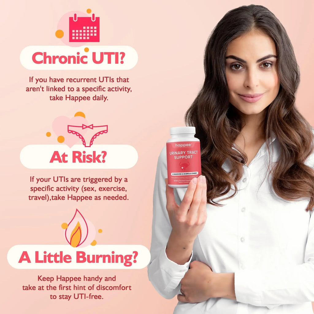 Happee Urinary Tract Health Supplement for Women & Men – Fast-Acting UTI Relief and Prevention, 500mg D-Mannose & Antioxidants, Supports Kidney and Bladder Health, Berry Flavor, 60 Chewables Happee Au supplements