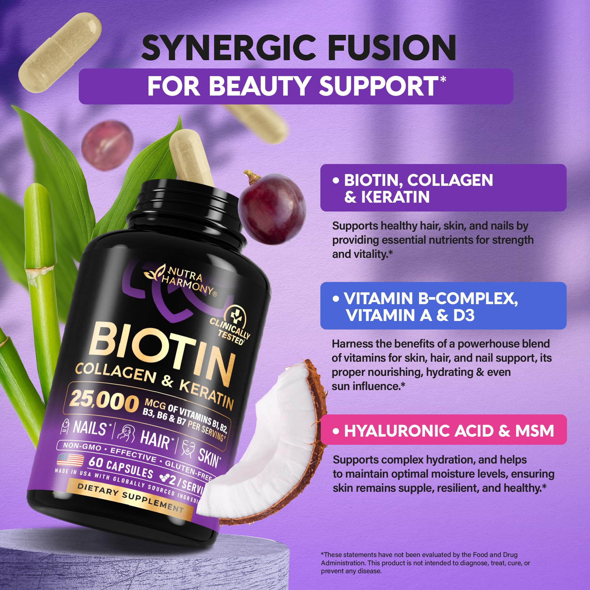 NUTRAHARMONY Biotin | Collagen | Hyaluronic Acid | Keratin - Support Normal Hair Growth Cycle - Skin & Nails - 25000mcg Vitamins B1, B2, B3, B6 & B7