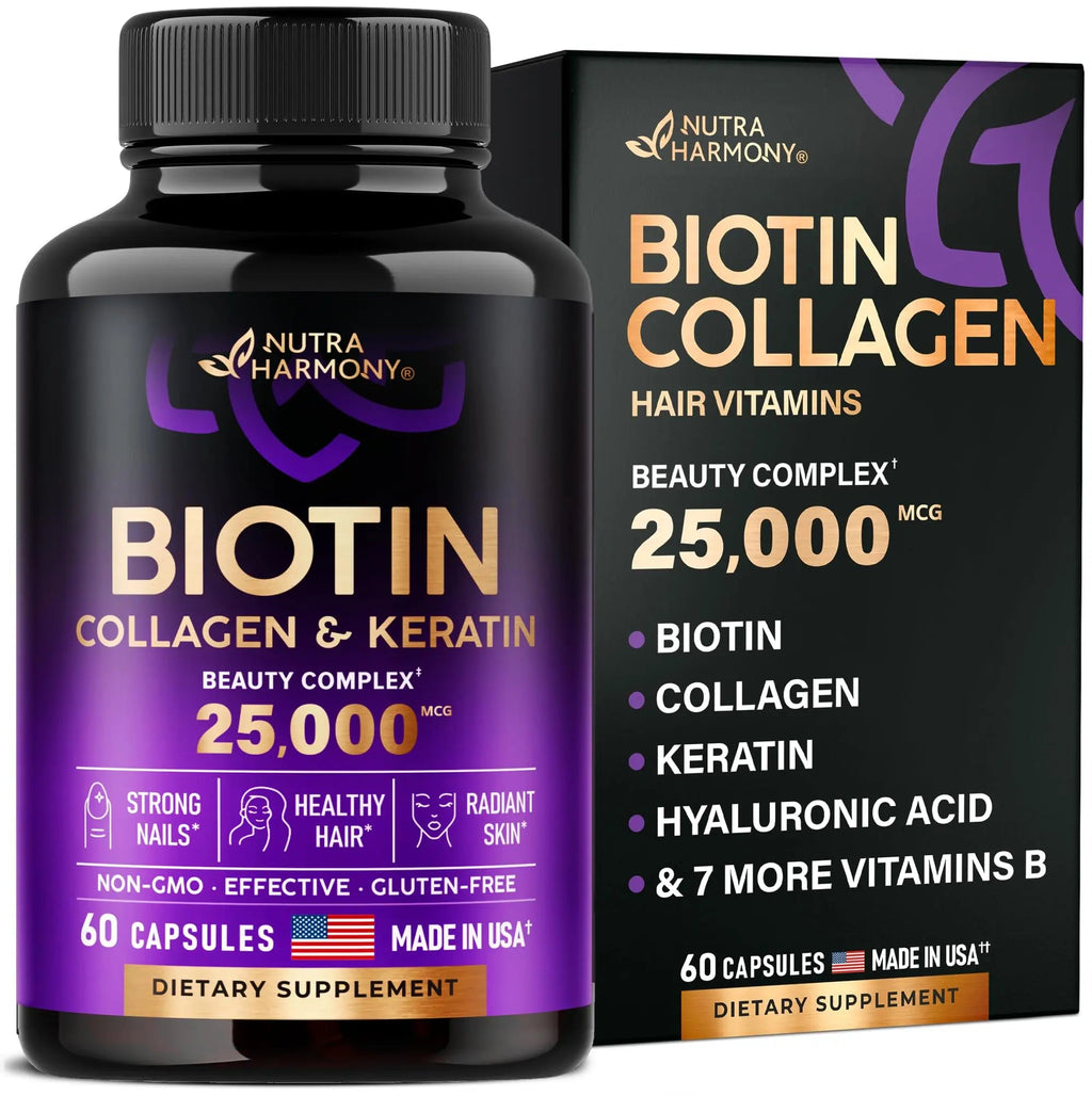 Biotin | Collagen | Keratin | Hyaluronic Acid - Hair Growth Support Pills, 25000 mcg NUTRAHARMONY Au supplements