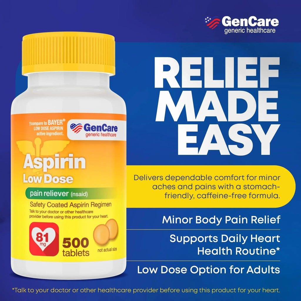 GenCare - Low Dose Aspirin 81mg for Adults Coated (NSAID) 500 Tablets | Adult Low Dose | Enteric Coated Aspirin Pills | Muscle Pain & Menstrual Pain Relief | Fever Reducer | Generic Bayer GenCare Au supplements