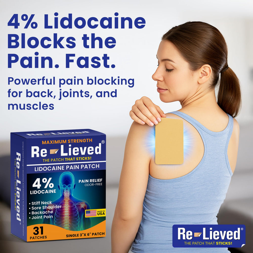 Re-Lieved 4% Lidocaine Patches Maximum Strength - Aluminum-Free, Water Resistant and USA Made -Superior Sticking Pain Relief Patches Quickly Relieves Back, Joints and Muscle Pain-3x6 Inches (31 Count) Re-lieved Au supplements