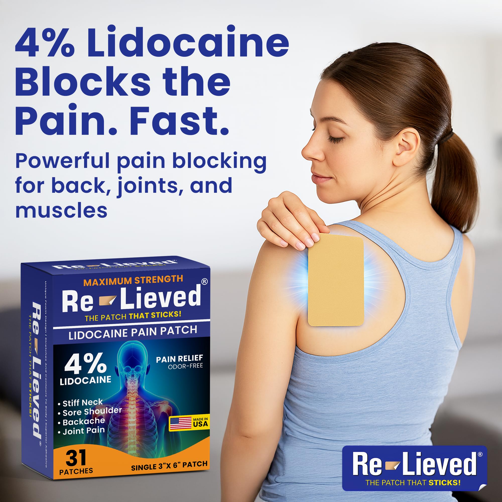 Re-Lieved 4% Lidocaine Patches Maximum Strength - Aluminum-Free, Water Resistant and USA Made -Superior Sticking Pain Relief Patches Quickly Relieves Back, Joints and Muscle Pain-3x6 Inches (31 Count) Re-lieved Au supplements