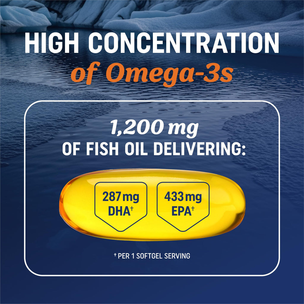 Triple Strength Omega 3 Fish Oil 1200 mg | EPA & DHA | Wild Caught, Sustainably Sourced Omega-3 Fatty Acids | Premium Burpless Fish Oil Supplements