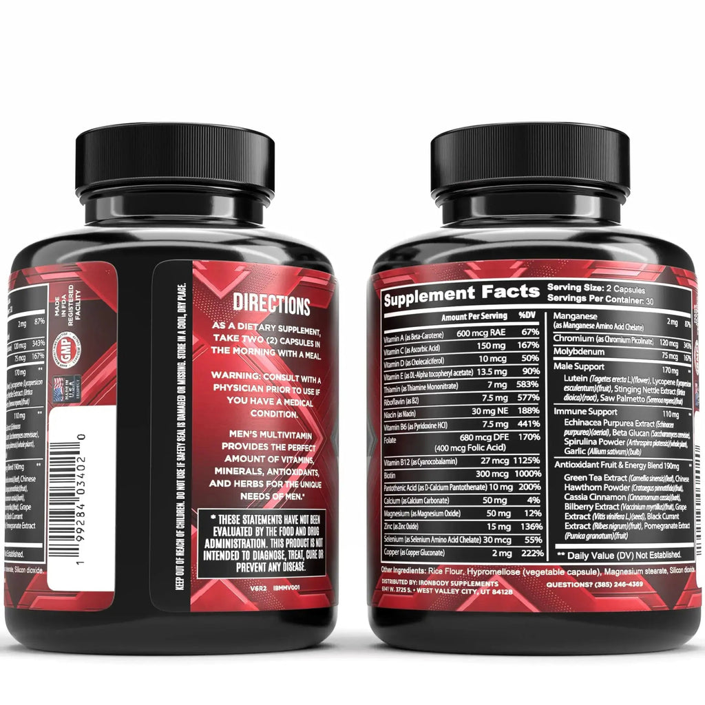 IronBody Supplements, Multivitamin for Men, Vitamins A, B, C, D, E, Zinc. Immune Support, Antioxidant Fruit and Energy Blend. 60 Capsules IronBody Supplements Au supplements