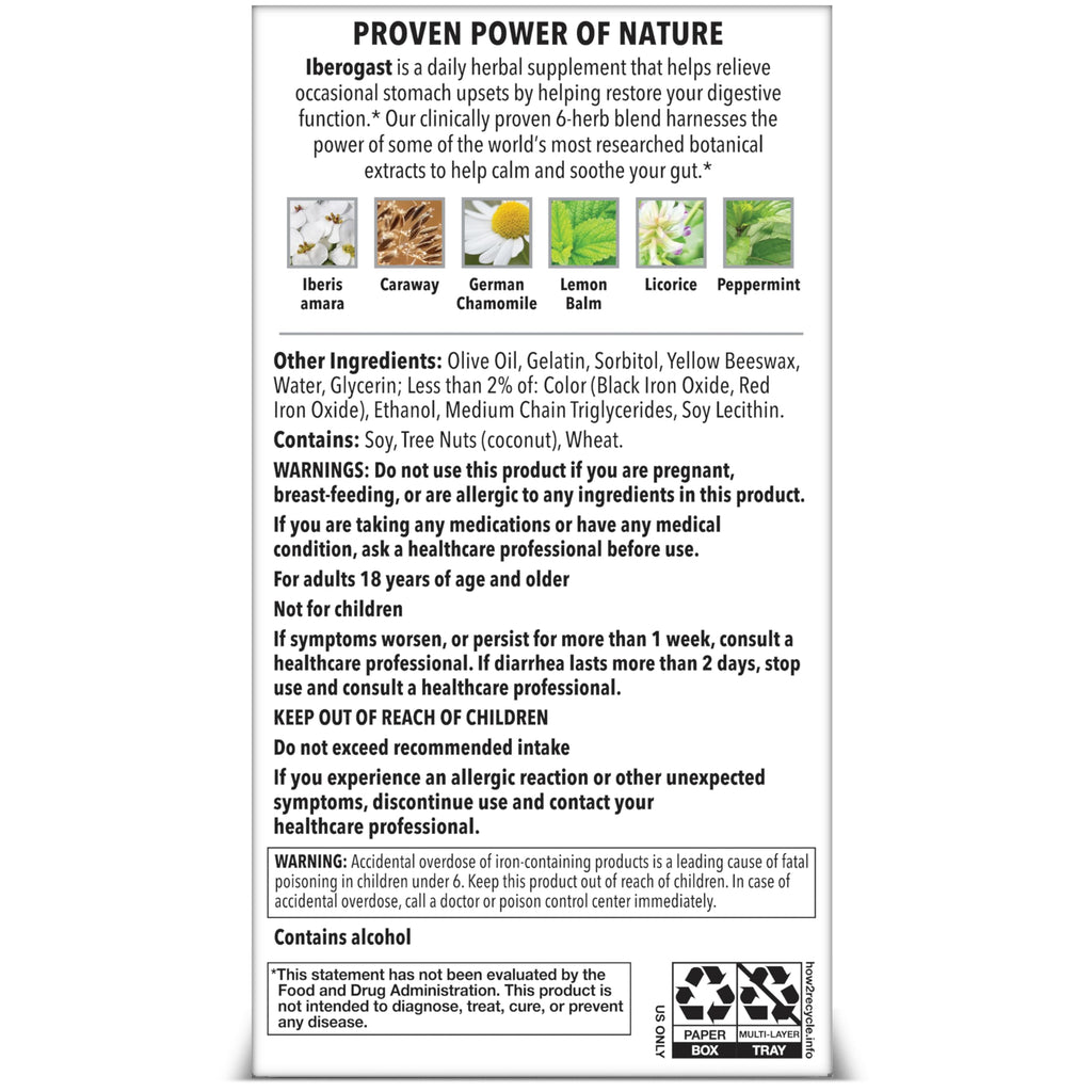 Iberogast Softgels, Herbal Relief of Stomach Upsets: Occasional Indigestion, Bloating, Gas, Nausea, Upset Stomach; 6-Herb Blend with Iberis Amara,