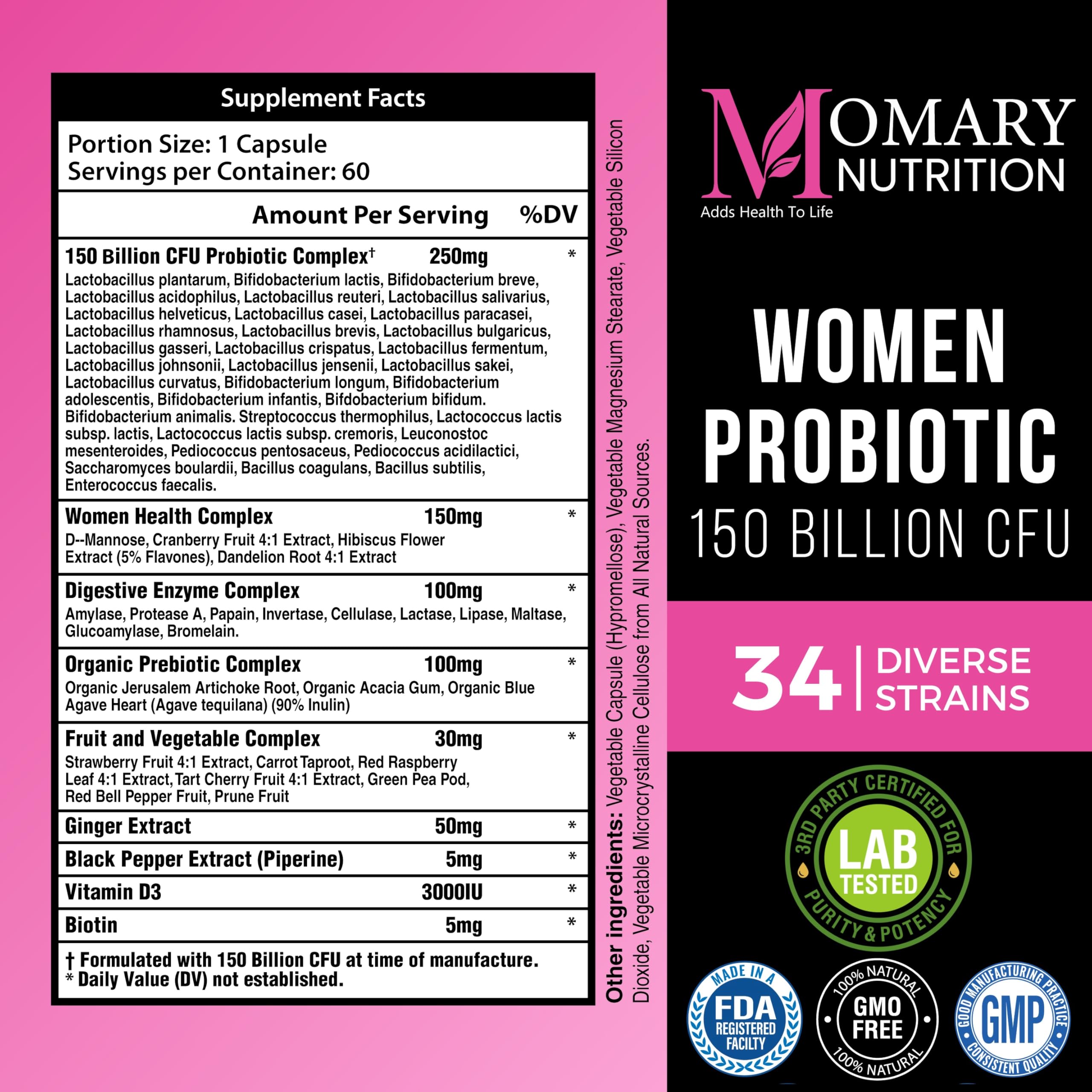 9-in-1 Bio Cultures Complex for Women – 150 Billion CFU Probiotics with 34 Diverse Strains, Organic Prebiotics, Postbiotics, Digestive Enzymes & Biotin – Supports Digestive Balance & Gut Microbiome MOMARY NUTRITION Au supplements