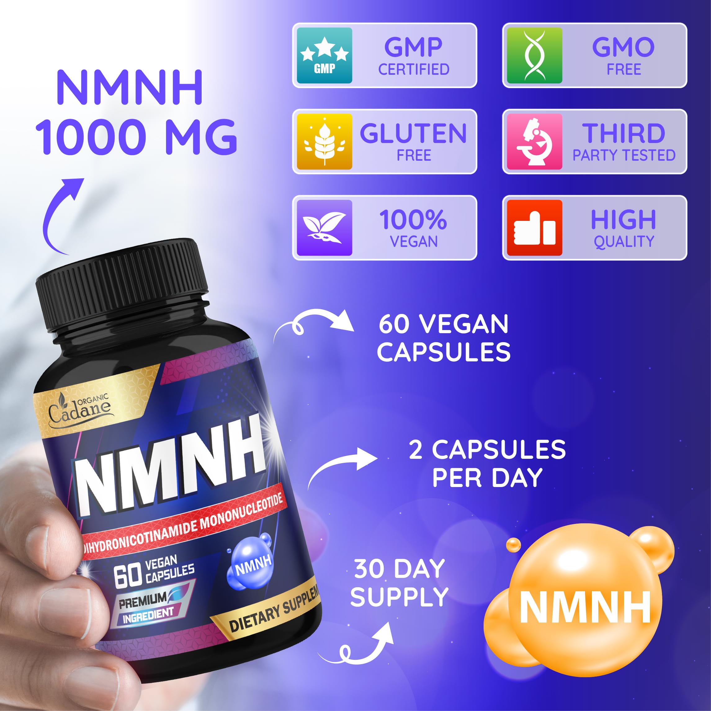 Cadane NMNH Supplement | Support Energy & Healthy Aging | Dihydronicotinamide Mononucleotide | Non-GMO – 60 Capsules – 30-Day Organic Cadane Au supplements