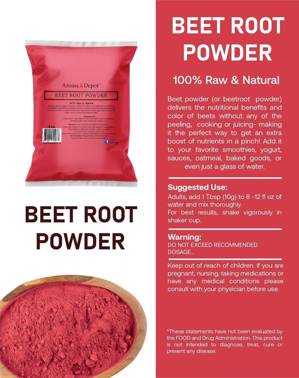 Beet Root Powder 5 lb. by Aroma Depot Raw & Non-GMO I Vegan & Gluten Free I Nitric Oxide Aroma Depot Au supplements