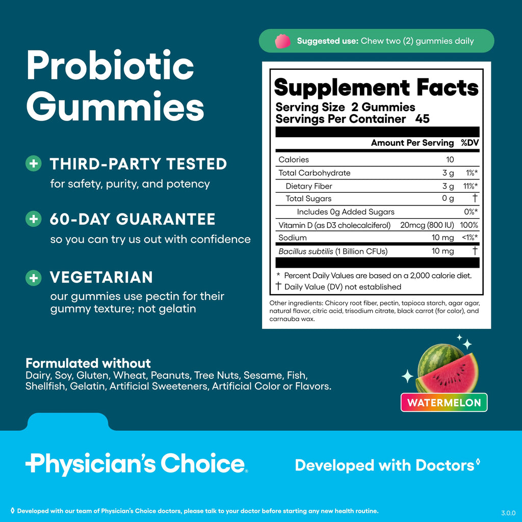 Physician's CHOICE Probiotic Gummies with Vitamin D & Prebiotic Fiber - Sugar Free - 1B CFUs of Clinically Studied Probiotic - Supports Immune & Gut Health