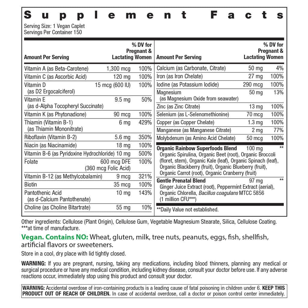 Rainbow Light Prenatal One Multivitamin Support from Conception to Postnatal, High Potency, Clinically Proven Absorption of Vitamin D, B2, Folate, Calcium