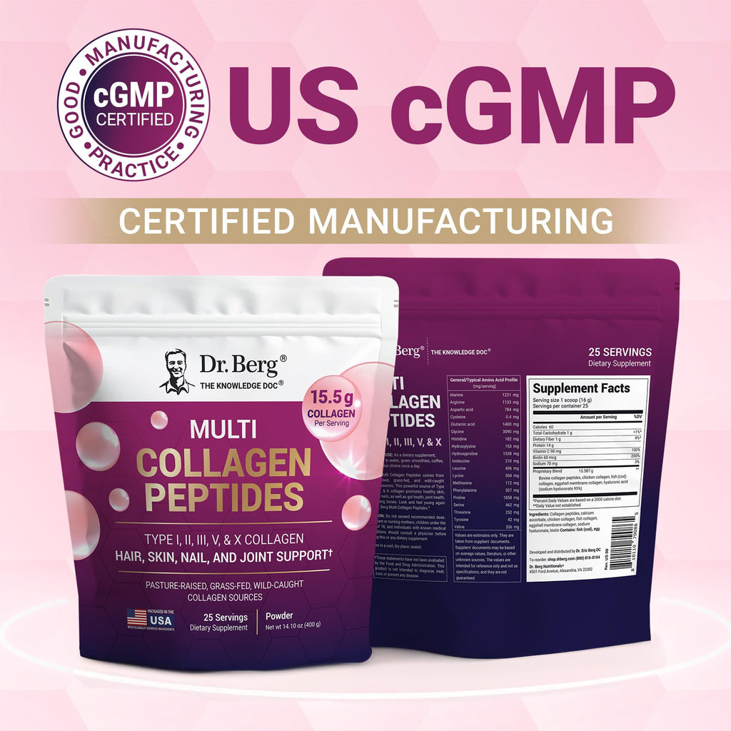 Dr. Berg Multi Collagen Peptides Powder Types I, II, III, V, X - Unflavored Collagen Powder w/ 14 g of Protein - Grass-Fed