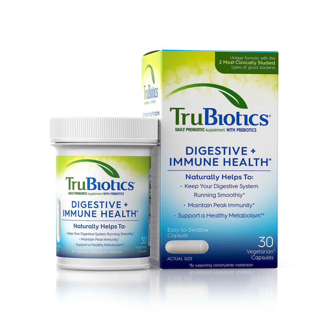 TruBiotics Probiotics for Digestive & Immune Health, Supports Regularity & Helps Relieve Abdominal Discomfort, Gas & Bloating, 2 Clinically Studied Probiotic Strains, Plus Prebiotics, 30 Capsules TruBiotics Au supplements